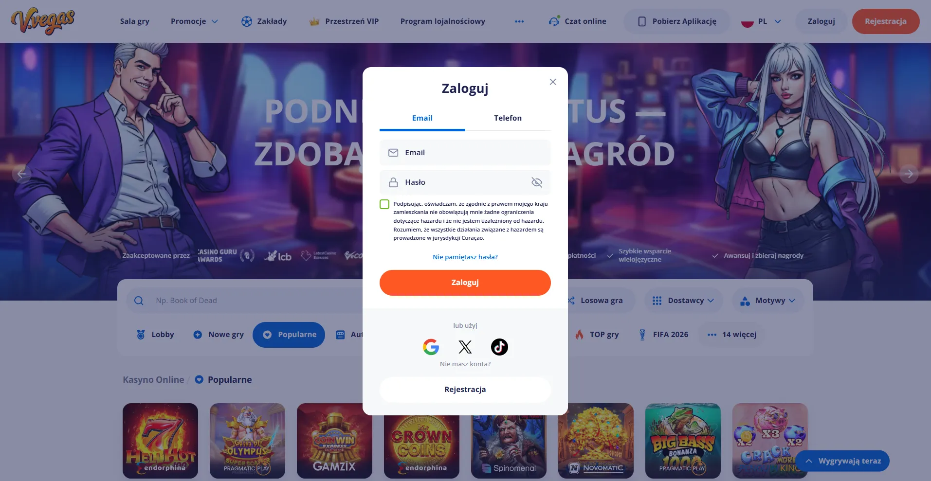 Vulkan Vegas logowanie — wprowadzanie danych dostępowych